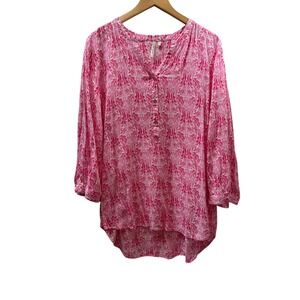 Grand  & Greene Pink‎ Paisley Print V-Neck Tunic Top Women's Size L Rayon